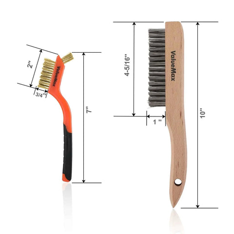Wire Brush Set, 8Pcs Stainless Steel/Brass/Nylon Bristles with Curved Handle Grip, featuring measurement details for size reference