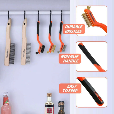 Wire Brush Set, 8Pcs Stainless Steel/Brass/Nylon Bristles with Curved Handle Grip displayed hanging with focus on features
