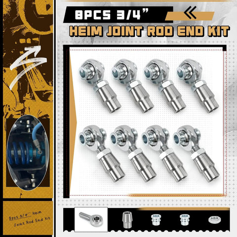 8-piece 3/4 Heim Joint Rod End Kit with Right and Left Hand Threads for Steering, Suspension, and Traction Bars