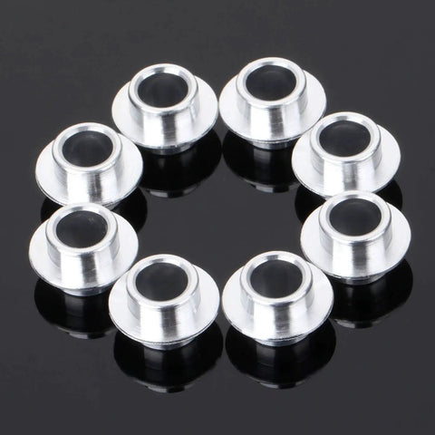 8-Pack Inline Skate Bearing Spacers For 8mm Axles Aluminum Wheel Center Spacers arranged in a circle on black background