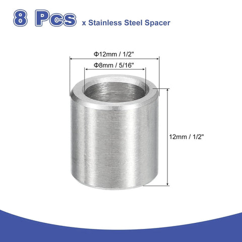 8 Pieces 304 Stainless Steel Spacer 8mm ID x 12mm OD x 12mm Length Unthreaded Round Metal Standoff Bushing Plain Finish