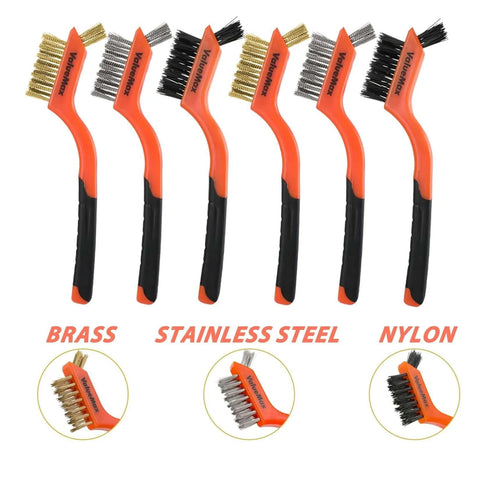 Wire Brush Set, 8Pcs Stainless Steel/Brass/Nylon Bristles with Curved Handle Grip displayed in a row, highlighting material varieties.