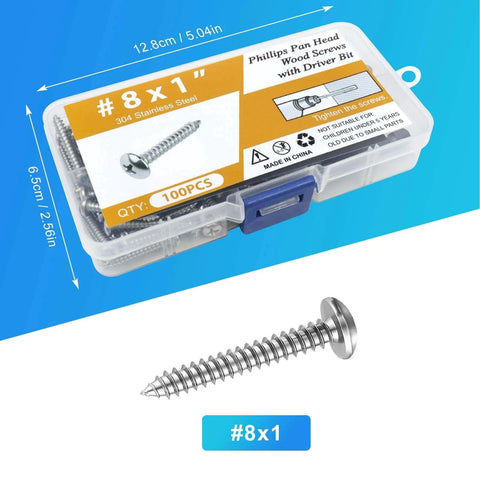 100 Pcs #8 x 1 Inch Pan Head Wood Screws Made from 304 Stainless Steel in a clear box with driver bit.
