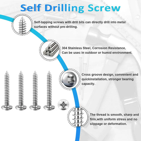 100 Pcs #8 x 1 Inch Pan Head Wood Screws Made from 304 Stainless Steel featuring self tapping coarse threads in a close-up view.