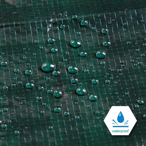 Close-up of 8x10 Feet Waterproof Green Tarp 8 Mil Thick Multipurpose Protective Cover For Emergency Rain Shelter with water droplets