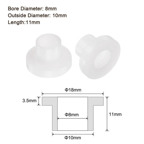 Flanged Sleeve Bearing Set 8mm x 10mm x 11mm Nylon Oilless Bushing White For Equipment And Machinery, 10 Pieces, diagram and specs