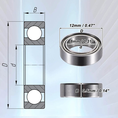 Diagram and photo of MR128ZZ 8x12x3.5mm Deep Groove Ball Bearings With Double Metal Shield showing dimensions and side view.