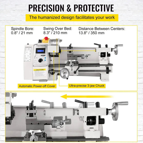 8 X 14 Inch Mini Metal Lathe With Variable Speed 2250 RPM 600W Motor features, including spindle bore and ultra-precise 3-jaw chuck.