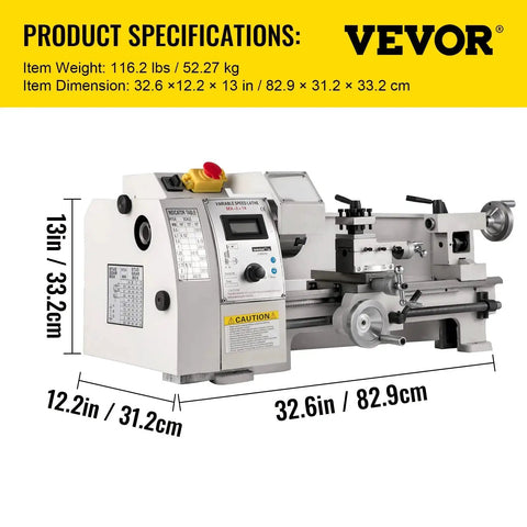 8 X 14 Inch Mini Metal Lathe With Variable Speed 2250 RPM 600W Motor shown with dimensions and product specifications
