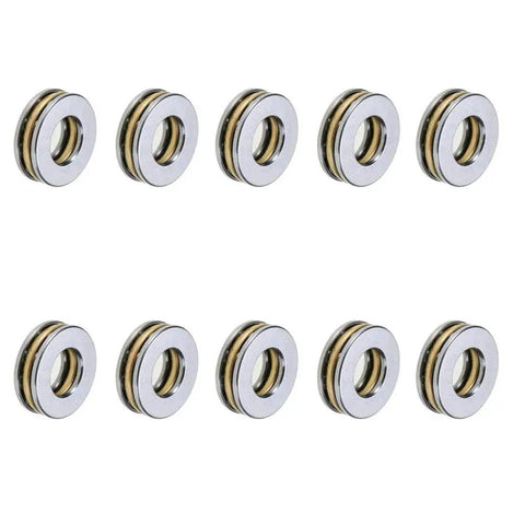 10 Pack F8 16M Miniature Thrust Axial Metal Ball Bearing 8x16x5mm Premium Quality Bearings arrayed on white background.