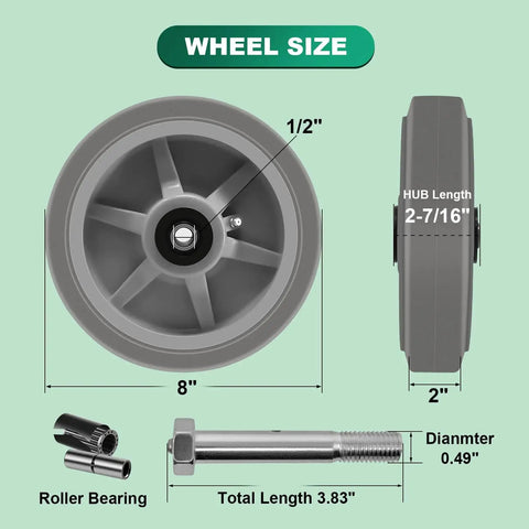 8x2 Inch Heavy Duty Caster Wheels Set Of 4 Up To 3600 Pound Capacity with dimensions, roller bearing, and bolt details