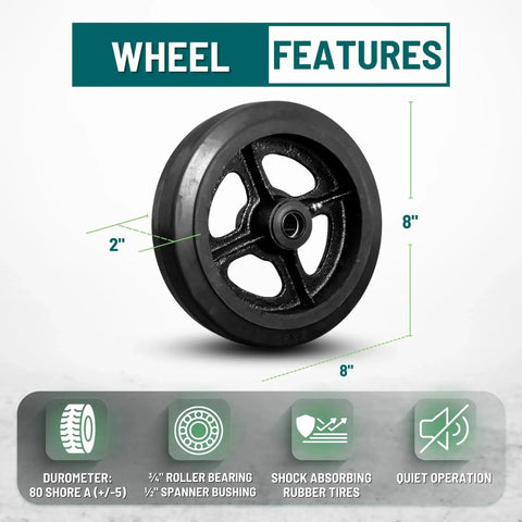 8 Inch Diameter 2 Inch Tread Rubber On Cast Iron Wheel With 650 Lb Capacity Replacement Caster, ideal for industrial carts.