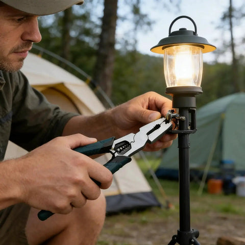 Person using versatile 9-in-1 cutting pliers for wire cutting on outdoor lamp in camping setting with tents visible.