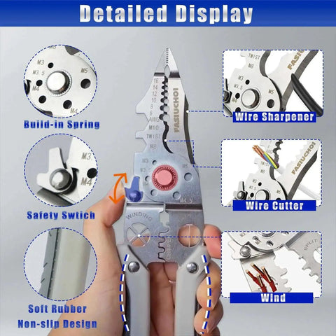 Close-up of 9-In-1 Wire Cutter And Crimping Tool With Adjustable AWG 6-16 showing features like wire cutter, sharpener, and safety switch.