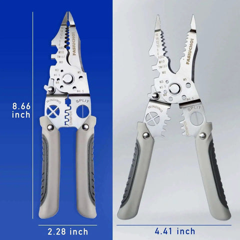 9-In-1 Wire Cutter And Crimping Tool With Adjustable AWG 6-16 shown front and side view, durable rubber grip, for electrical DIY use.