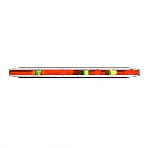 Side view of Savage 9 Inch Magnetic Torpedo Level With Four Neodymium Magnets And Four Vials For 30 Degree Conduit Bends Built From Solid Aluminum For Lifetime Durability Bright Orange Finish For Easy Visibility On Any Job Site.