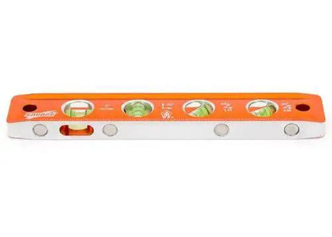 Savage 9 Inch Magnetic Torpedo Level With Four Neodymium Magnets And Four Vials For 30 Degree Conduit Bends; bright orange finish