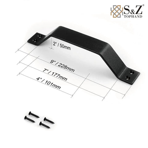 9 Inch Sliding Barn Door Handle Set In Black For Interior And Exterior Doors, Heavy Duty Pull Handle For Sliding Barn Doors, Easy To Install, Rust Resistant Carbon Steel With Frosted Black Finish, showing dimensions and screws.