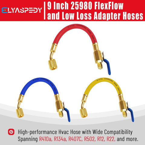 3-pack 9-inch FlexFlow low-loss adapter hoses, 1/4" ID, red/blue/yellow with brass fittings and blue lever, 800 PSI