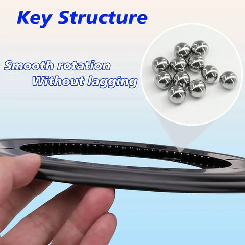 Close-up of hand holding a Six Pack 9 Inch Lazy Susan Bearings Heavy Duty Turntable Bearing Swivel Plate showing ball bearings.