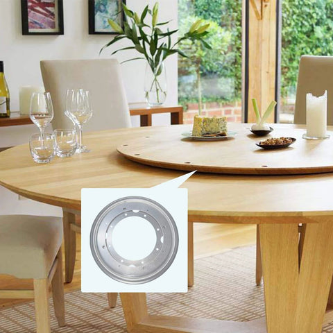 Dining table with 2 Pack 9 Inch Heavy Duty Lazy Susan Turntable Bearings installed, highlighting 5/16 thick galvanized steel swivel plates.
