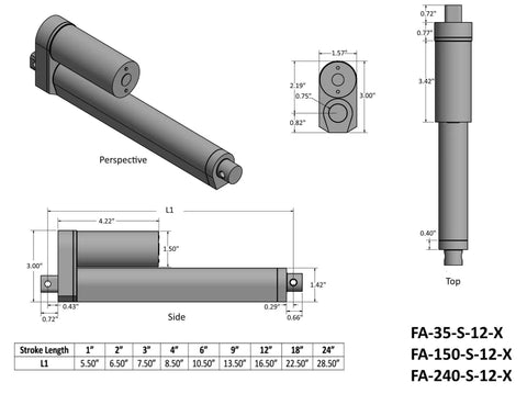 Technical drawing of 9 Inch Stroke Light Duty Linear Actuator For DIY Projects With 200 Pounds Dynamic Push Pull Force And 400 Pounds Static Rating