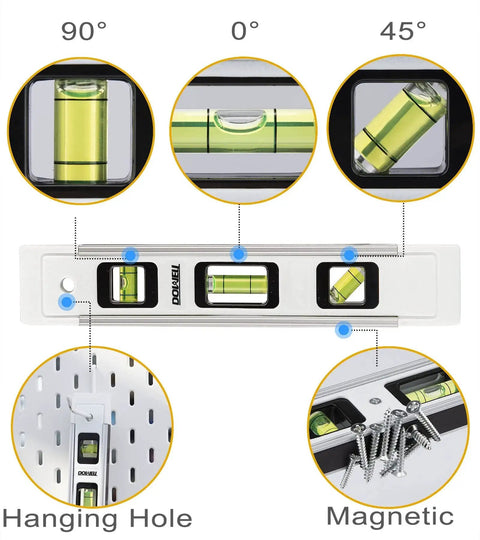 Magnetic Torpedo Level 9 Inch With Box Frame And Alloy Construction, Hands Free Magnetic Attachment For Fast Readouts On Iron Surfaces, 180 90 45 Degree Bubble Vials With Green Acrylic Top View For Clear Readability.