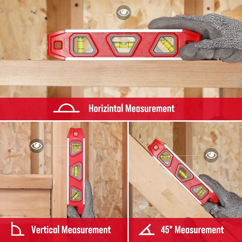 9 Inch Magnetic Torpedo Level with Overhead Viewing Window and 3 Bubbles for 45 Degree 90 Degree 180 Degree Readings