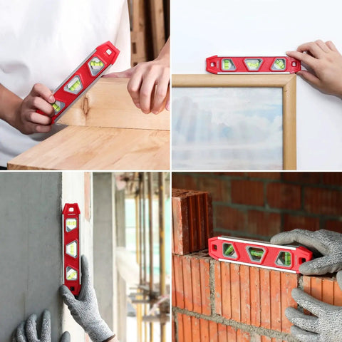 9 Inch Magnetic Torpedo Level with Overhead Viewing Window used on wood, picture frame, concrete, and brick surfaces for leveling.