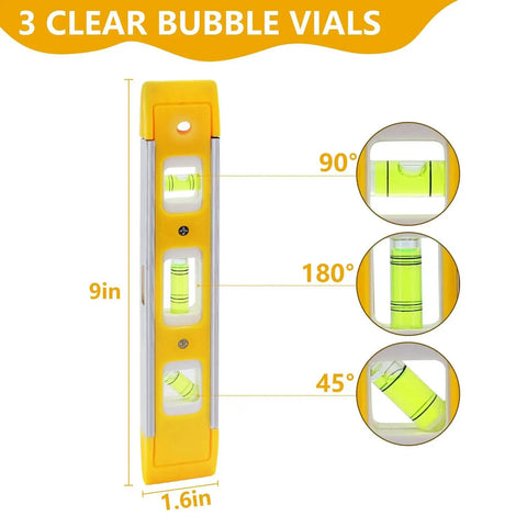 Magnetic 9 Inch Torpedo Level With Three Vials At 45 90 And 180 Degrees Delivers Fast Accurate Leveling For Hanging Pictures Shelving And Home Renovations With A Secure Magnetic Base For Hands Free Use showing 3 clear bubble vials