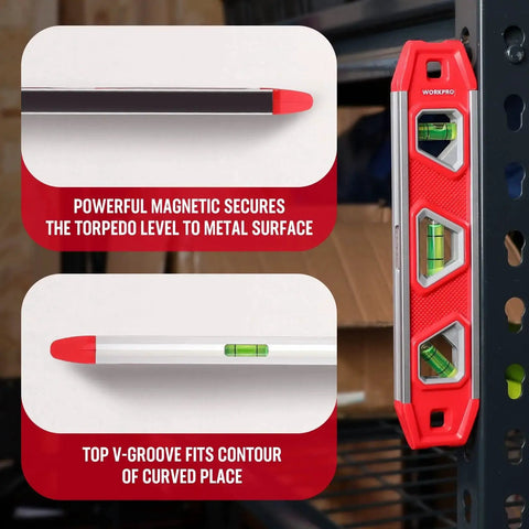 9 Inch Magnetic Torpedo Level With Overhead Viewing Window And 3 Bubbles For 45 Degree 90 Degree 180 Degree Readings Compact Shock Resistant V Groove Design For Plumbing Wood Metal Projects Strong Magnetic Edge For Hands Free Leveling