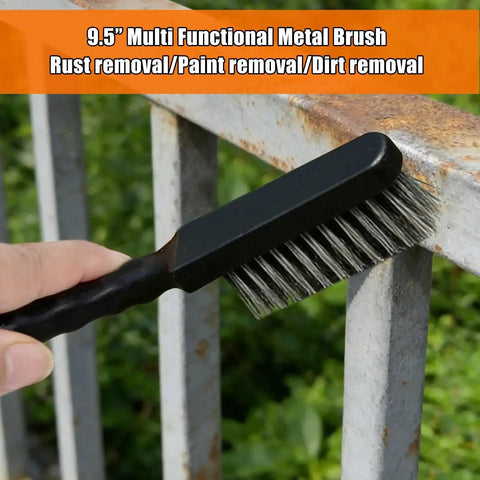 9.5 inch wire brush from Complete Welding Accessories Tools Kit For Beginners used for rust and paint removal on metal surface