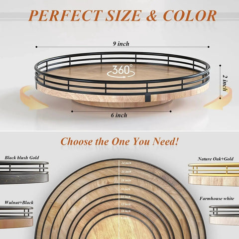 9 Inch Oak Wood Lazy Susan Turntable Organizer for Cabinets and Tables with size options and metal hardware, rustic kitchen decor.