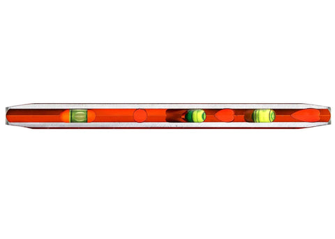Side view of Savage 9 Inch Magnetic Torpedo Level With Four Neodymium Magnets And Four Vials For 30 Degree Conduit Bends, bright orange aluminum.