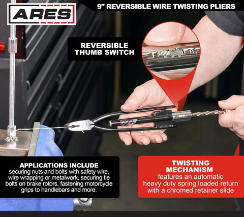 9-Inch Reversible Wire Twister Pliers With Auto Spring Loaded Return For Stainless Steel Safety Wire in use on machinery