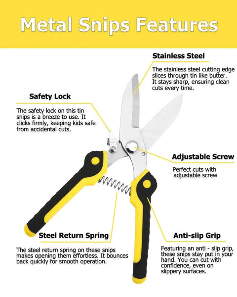 9 Inch Aviation Tin Snips Heavy Duty Metal Cutter With Straight Cut Stainless Steel Blades 3Cr13 featuring highlighted features and benefits