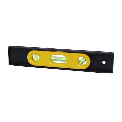 Compact 9 inch torpedo level with magnetic base for fast, accurate layout checks; includes three 360 degree vials for dependable readings