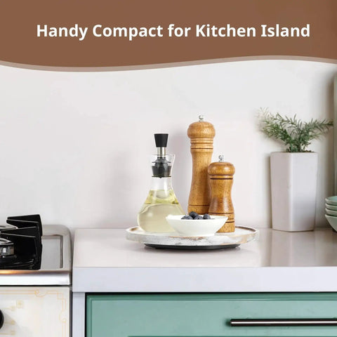9 Inch Solid Wood Lazy Susan Turntable Organizer with condiments on kitchen island, showcasing round natural wood with whitewashed finish.