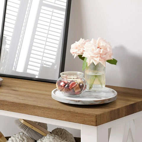 9 Inch Solid Wood Lazy Susan Turntable Organizer For Cabinet And Pantry Storage Round Natural Wood With White Washed Finish on table