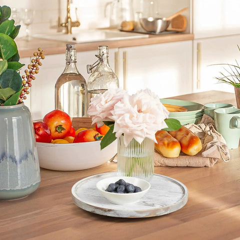 9 Inch Solid Wood Lazy Susan Turntable Organizer For Cabinet And Pantry Storage Round Natural Wood With White Washed Finish.