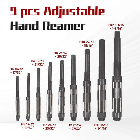 Adjustable Hand Reamer Set, 9 Piece High Speed Steel Reamers Ranging From 15/32 Inch To 1-3/16 Inch, Straight Flute, Pro Kit