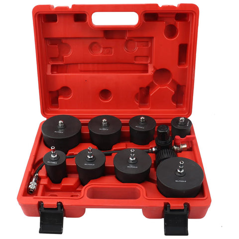 BILTOOLS 9-piece turbo leak tester set in red case with black round testers, sizes 1-3/8 to 3-1/2 inches.