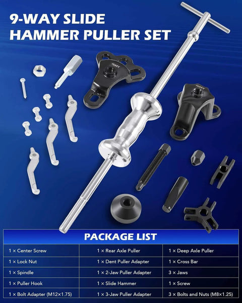 9-Way Slide Hammer Puller Set with front wheel hub bearing remover and rear wheel axle hub dent shaft puller, components spread out