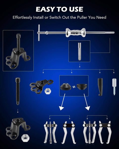 Components of the 9-Way Slide Hammer Puller Set shown for front wheel hub bearing removal
