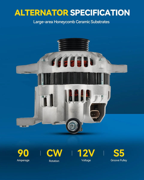 Front view of 90 Amp Alternator Replacement For Subaru And Saab Direct Fit Easy Install Reliable Beefed Up Power Fits Outback 2000 To 2004 Legacy 2000 To 2004 Forester 2003 To 2005 Baja 2003 To 2006 Impreza 2005 And 9 2X OEM 13889N showing alternator details.