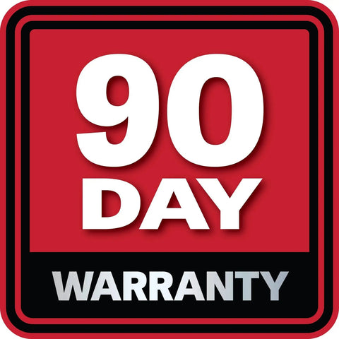 Red and black sign showing "90 Day Warranty" in bold white letters on a red background.