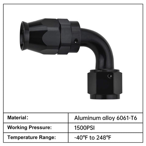 Close-up of 6AN PTFE Hose End Fitting, 90 degree black swivel fittings for PTFE fuel hose only, aluminum 6061 T6 construction.