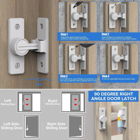90 Degree Flip Barn Door Lock Heavy Duty Sliding Gate Latch For Garden Bathroom Garage And Sliding Doors White 1 Pack Durable Zinc Alloy Construction With Easy Installation And Corrosion Resistant Finish, shown with installation guide.
