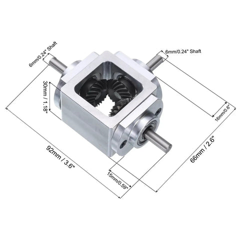 90 Degree Bevel Gearbox 1to1 Reversing Dual Outputs Aluminum Frame 6mm Shaft with dimensions displayed