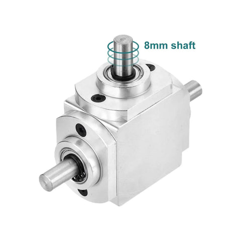 Bevel Gearbox 90 Degree 1 To 1 Dual Output Aluminum Frame 8mm Shaft Built Tough, side view showing 8mm shaft detail